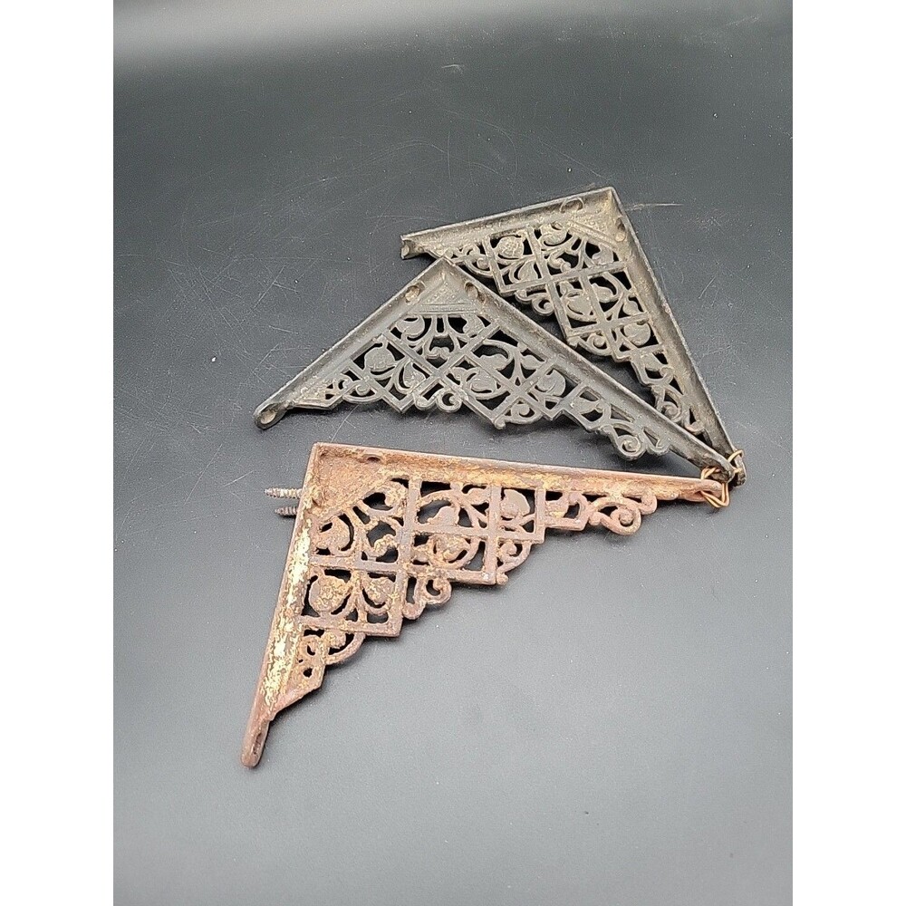 3 Antique Cast Iron Shelf Brackets Corbel Victorian Floral Salvage Bookshelf Vtg
